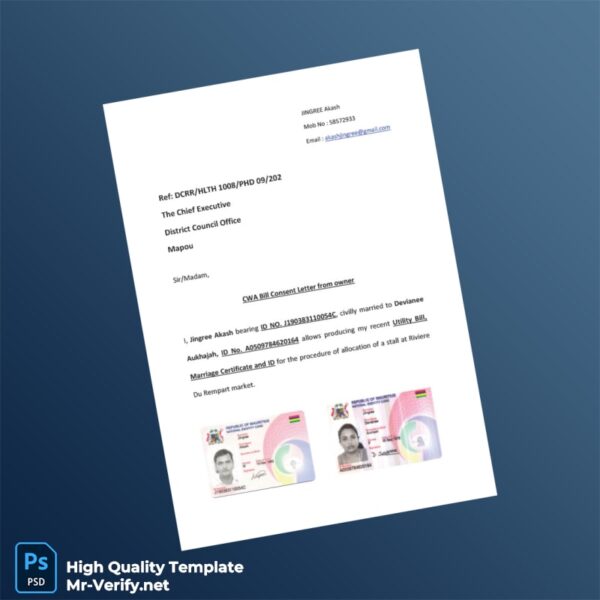 Mauritius District Council Office Mapou Editable CWA Bill Consent Letter Template in Word and PDF formats