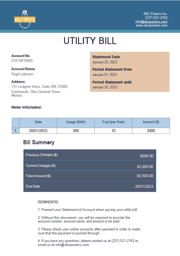Mexico ABC Powers Inc Editable Utility Bill Template in Word and PDF formats