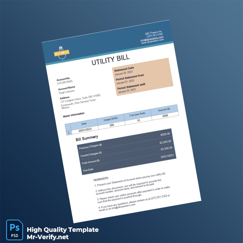 Mexico ABC Powers Inc Editable Utility Bill Template in Word and PDF formats Mexico ABC Powers Inc Editable Utility Bill Template in Word and PDF formats