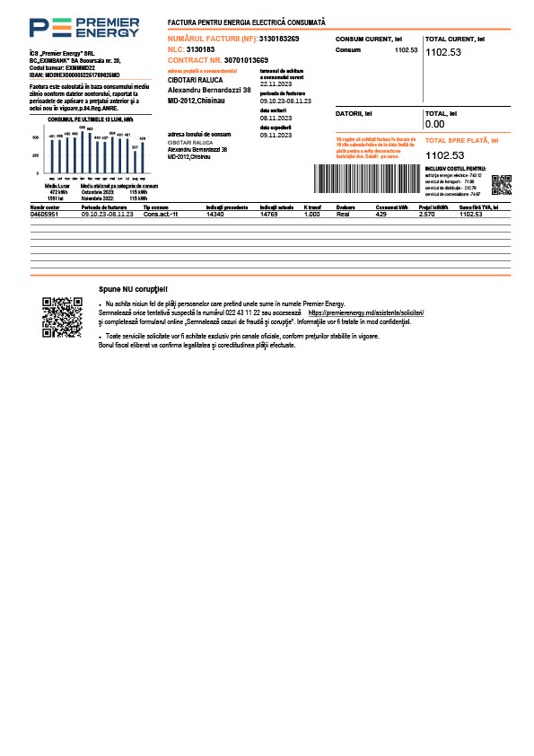 Moldova Premier Energy Editable Electricity Bill Template in Word and PDF formats