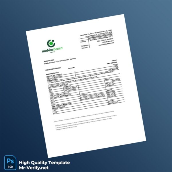 Moldova Mobiasbanca Bank Statement Template in Word and PDF formats