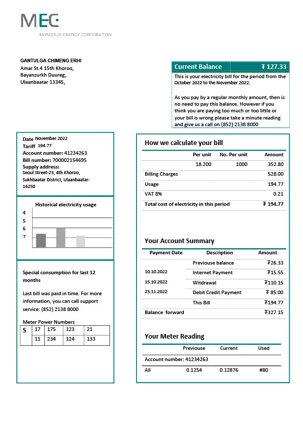 Mongolia Mongolia Energy Corporation Editable Electricity Bill Template in Word and PDF formats