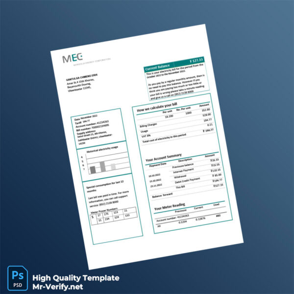 Mongolia Mongolia Energy Corporation Editable Electricity Bill Template in Word and PDF formats
