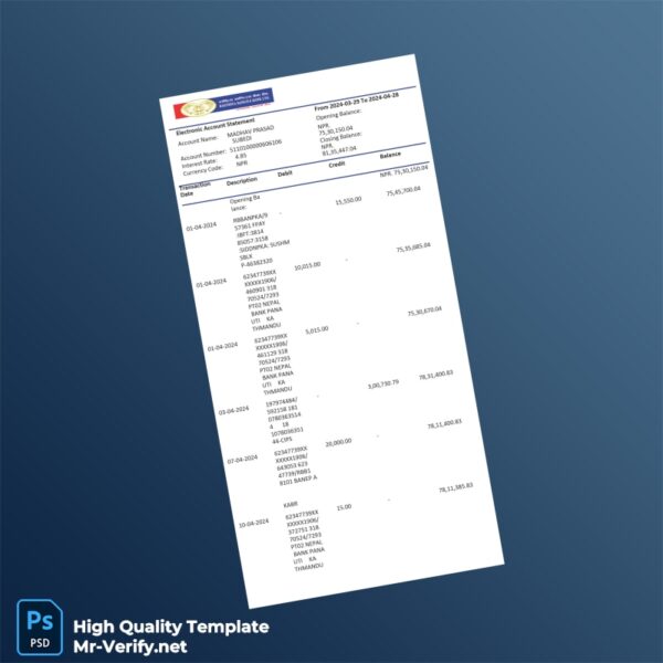 Nepal PDB Bank Statement Template in Word and PDF formats 3 page