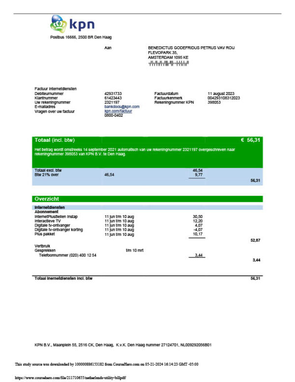 Netherlands KPN Editable Utility Bill Template in Word and PDF formats