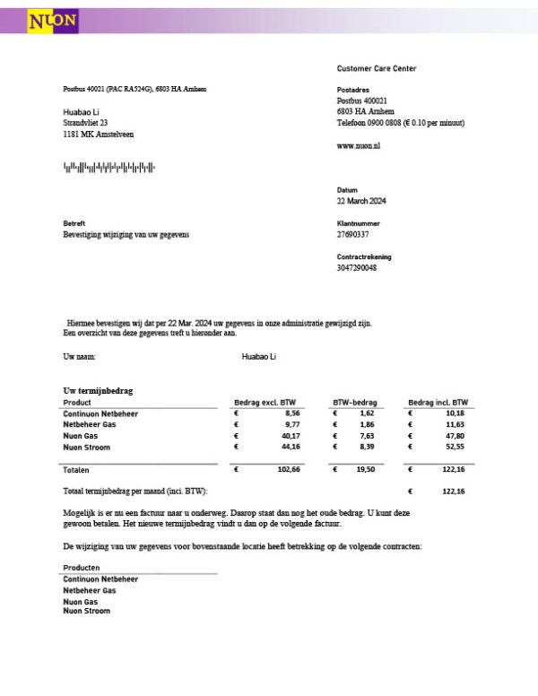 Netherlands Nuon Editable Gas Utility Bill Template in Word and PDF formats