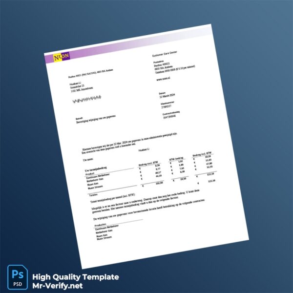 Netherlands Nuon Editable Gas Utility Bill Template in Word and PDF formats