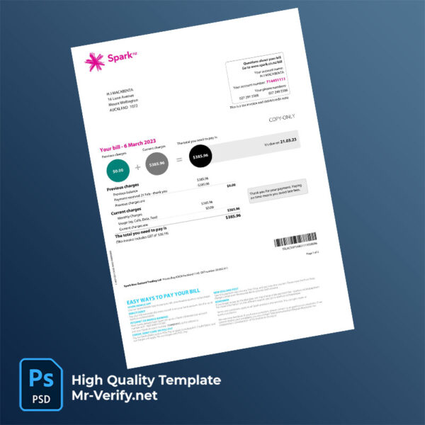 New Zealand Auckland Spark New Zealand Trading Ltd Editable Mobile and Broadband Bill Template in Word and PDF formats
