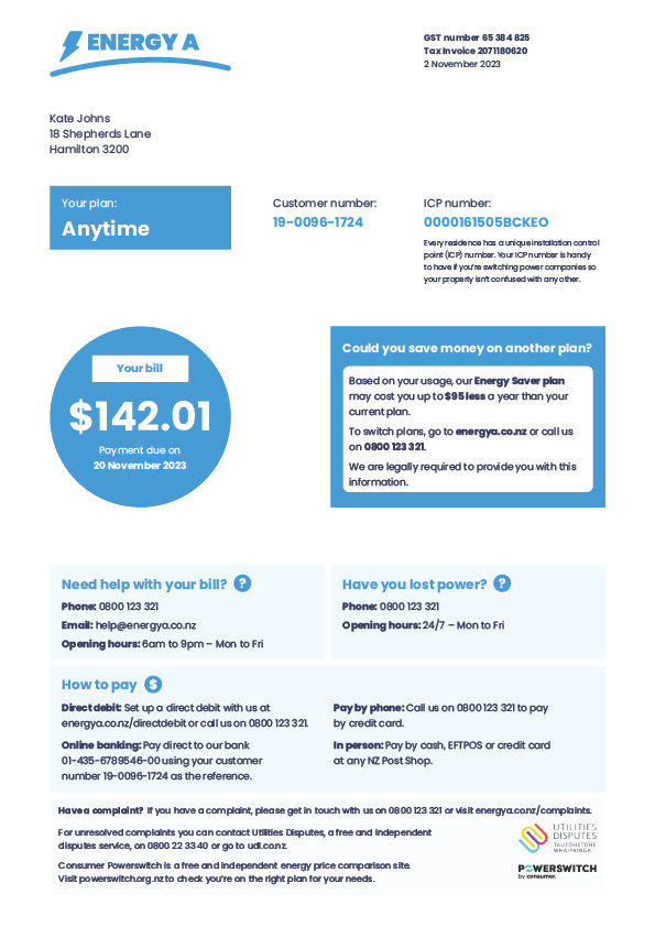 New Zealand Editable Electricity Bill Template in Word and PDF formats 2 page