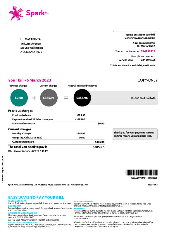 New Zealand Spark New Zealand Trading Ltd Editable Billing Summary Template in Word and PDF formats 2 page
