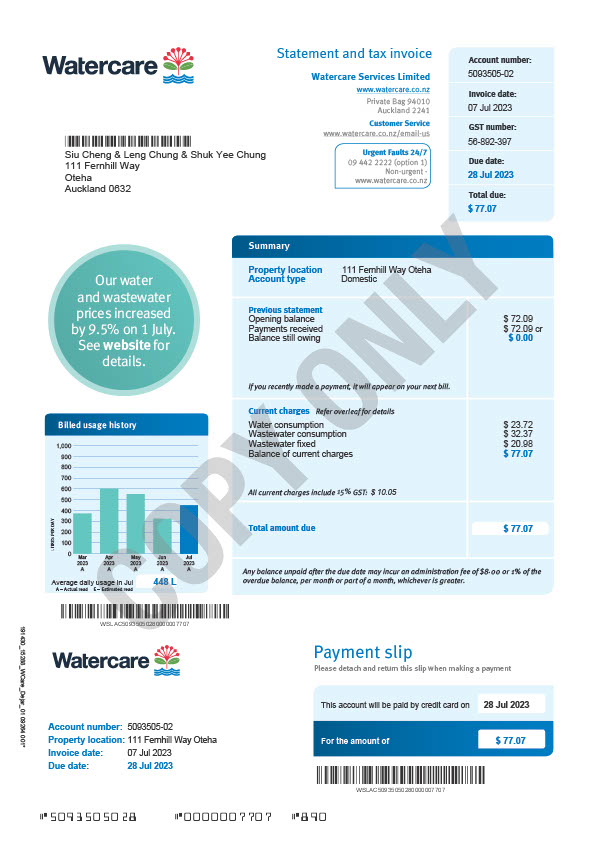 New Zealand Watercare Services Editable Water Bill Template in Word and PDF formats 2 page