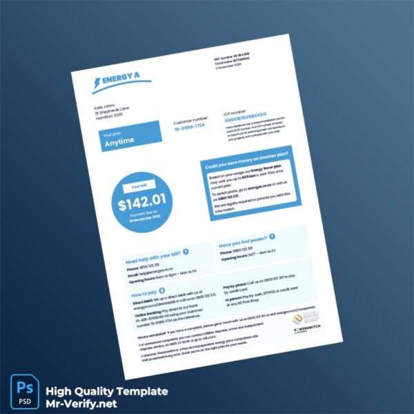 New Zealand Editable Electricity Bill Template in Word and PDF formats 2 page