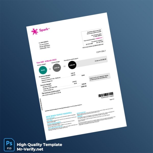 New Zealand Spark Editable Billing Summary Template in Word and PDF formats 2 page
