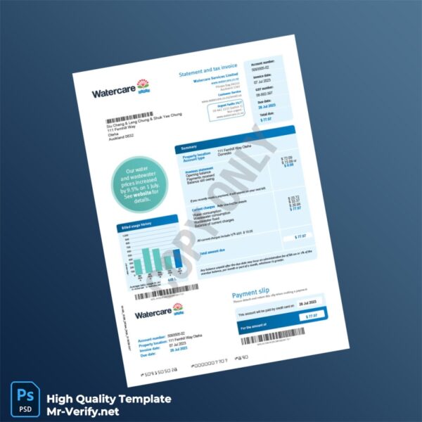 New Zealand Watercare Services Editable Water Bill Template in Word and PDF formats 2 page