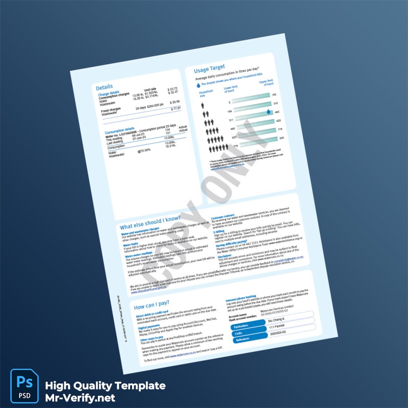 New Zealand Watercare Services Editable Water Bill Template in Word and PDF formats 2 page New Zealand Watercare Services Editable Water Bill Template in Word and PDF formats 2 page