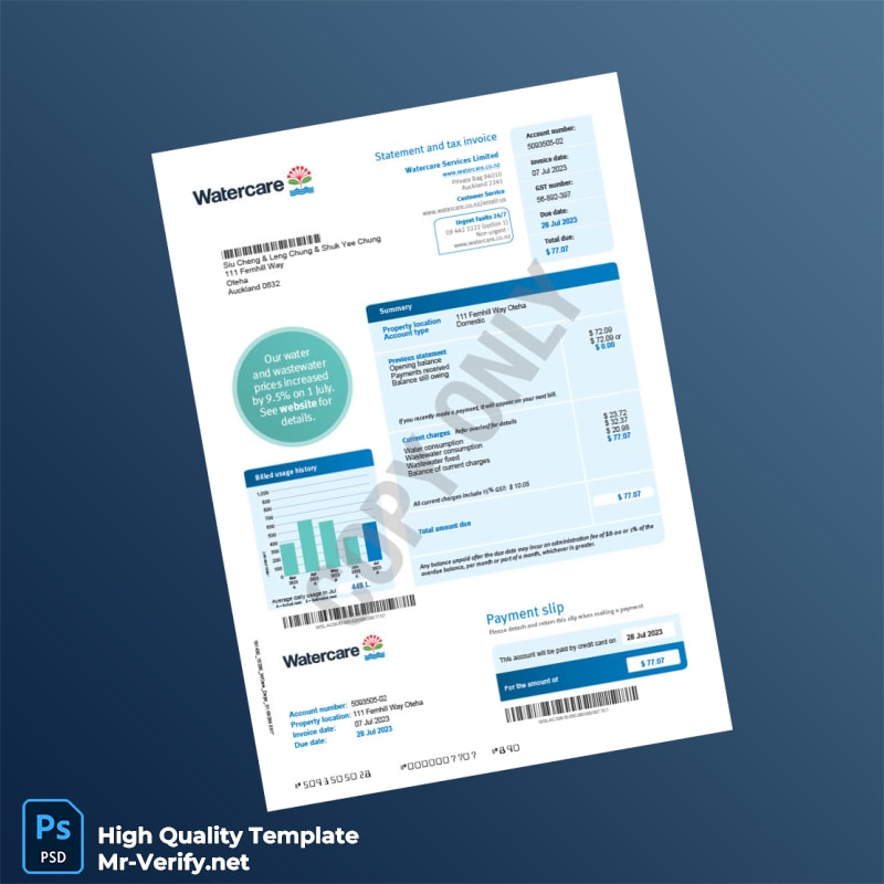 New Zealand Watercare Services Editable Water Bill Template in Word and PDF formats 2 page New Zealand Watercare Services Editable Water Bill Template in Word and PDF formats 2 page