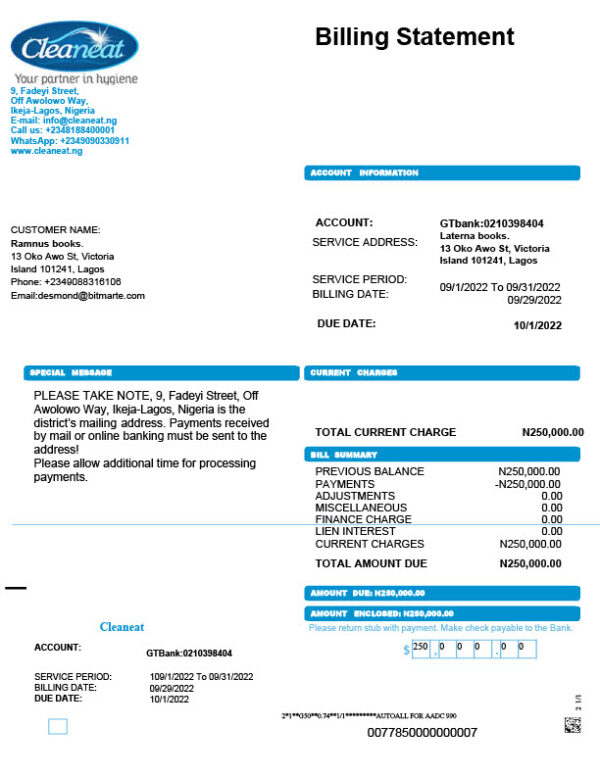 Nigeria Cleaneat Editable Utility Bill Template in Word and PDF formats 2 page