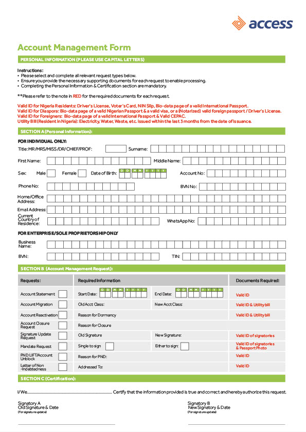 Nigeria Editable Account Management Form Template in Word and PDF formats