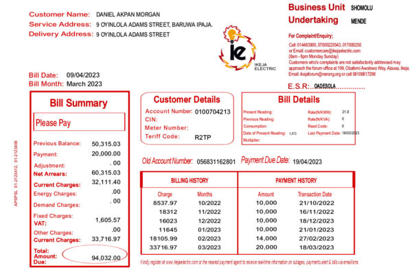 Nigeria Ikeja Electric Editable Electricity Bill Template in Word and PDF formats