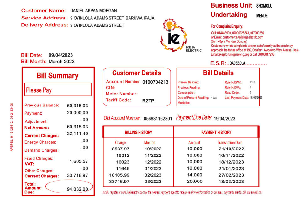Nigeria Ikeja Electric Editable Electricity Bill Template in Word and PDF formats