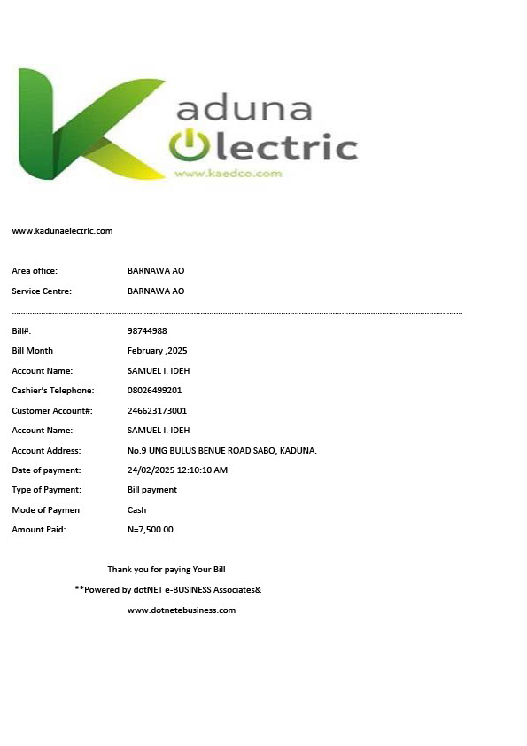 Nigeria Kaduna Electric Editable Bill Payment Receipt Template in Word and PDF formats