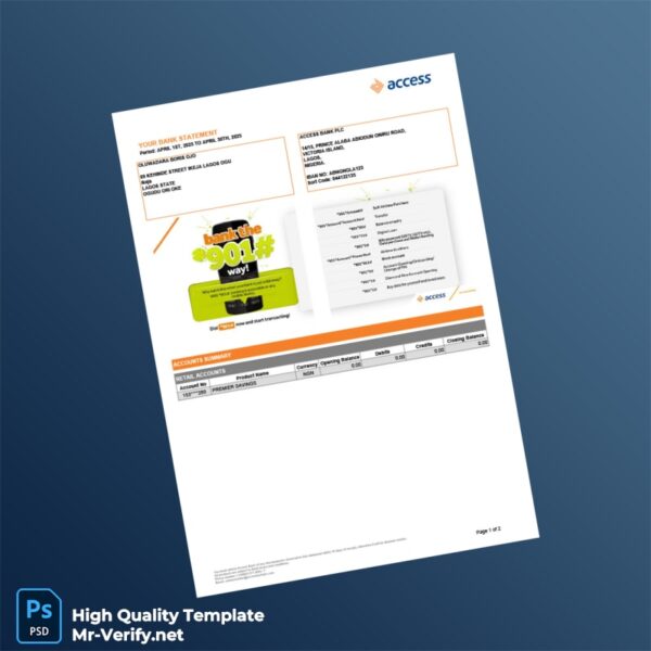Nigeria Access Bank Premier Savings Account Statement Template in Word and PDF formats 2 page