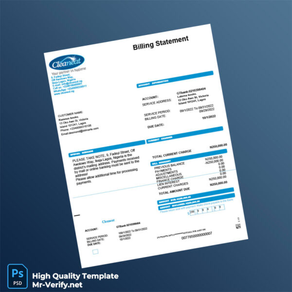 Nigeria Cleaneat Editable Utility Bill Template in Word and PDF formats 2 page
