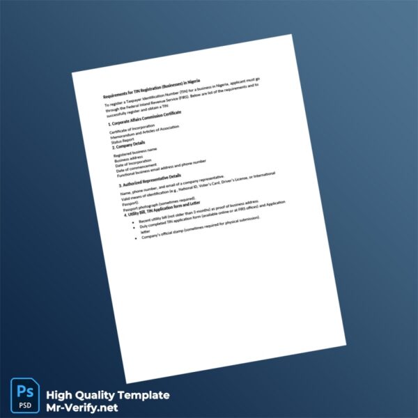 Nigeria Federal Inland Revenue Service Editable TIN Registration Requirements Template in Word and PDF formats