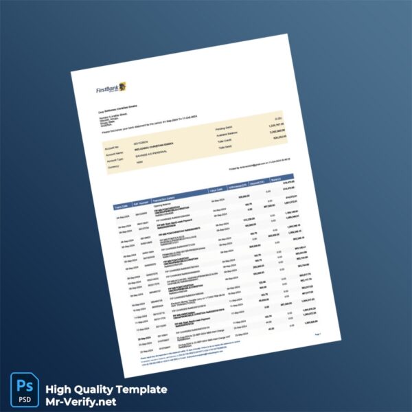 Nigeria FirstBank Statement Template in Word and PDF formats 2 page