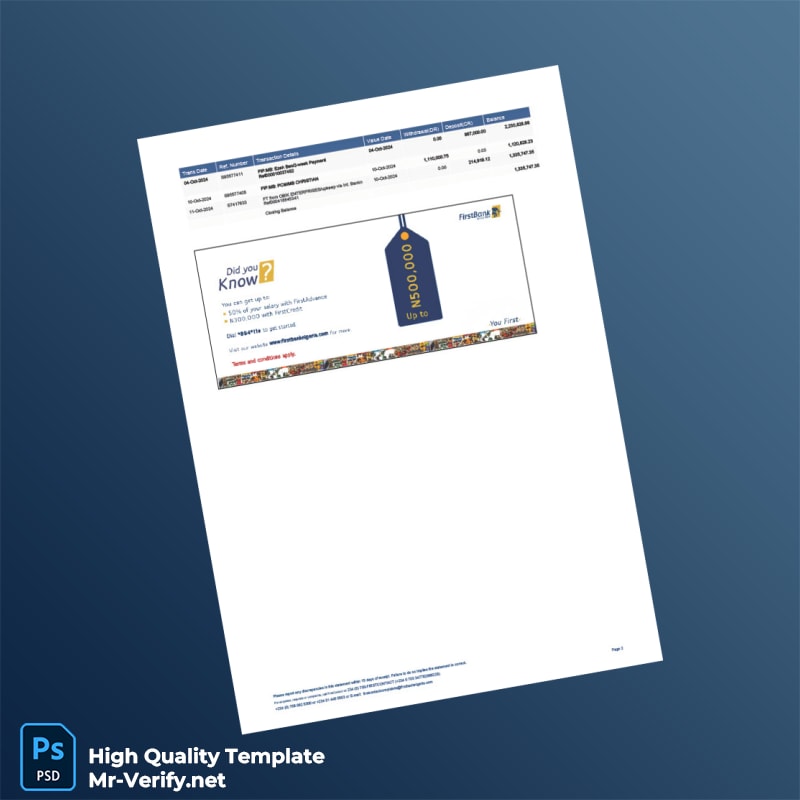 Nigeria FirstBank Statement Template in Word and PDF formats 2 page Nigeria FirstBank Statement Template in Word and PDF formats 2 page