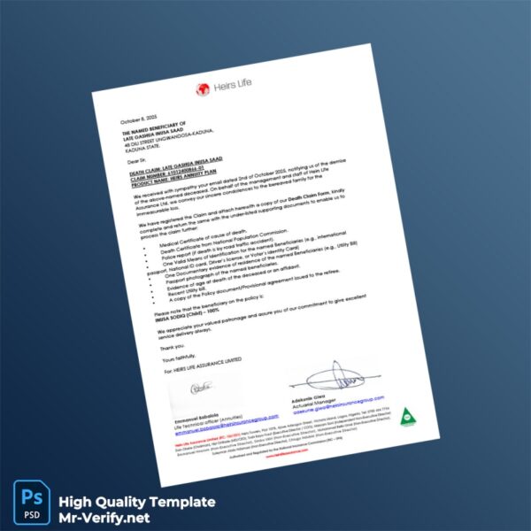 Nigeria Heirs Life Assurance Limited Editable Acknowledgement Letter Template in Word and PDF formats