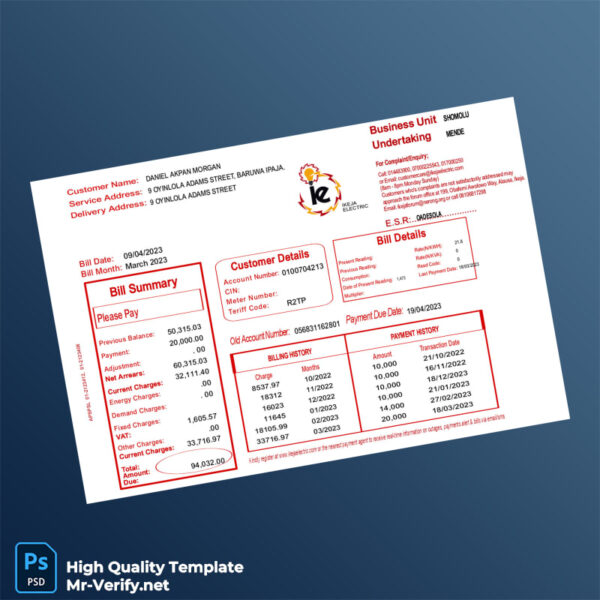 Nigeria Ikeja Electric Editable Electricity Bill Template in Word and PDF formats
