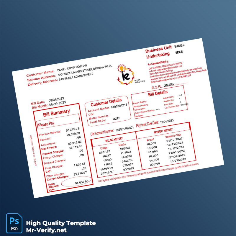 Nigeria Ikeja Electric Editable Electricity Bill Template in Word and PDF formats Nigeria Ikeja Electric Editable Electricity Bill Template in Word and PDF formats