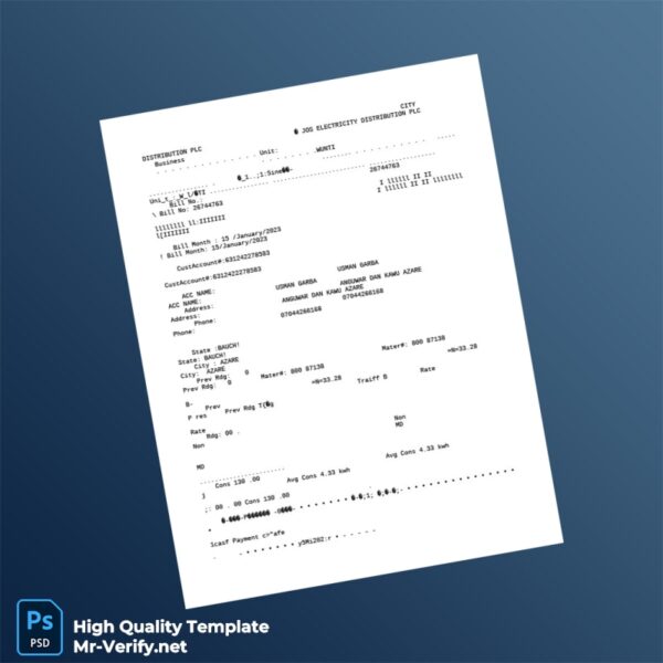 Nigeria Jos Electricity Distribution PLC Editable Utility Bill Template in Word and PDF formats 4 page