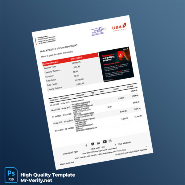Nigeria UBA Bank Statement Template in Word and PDF formats