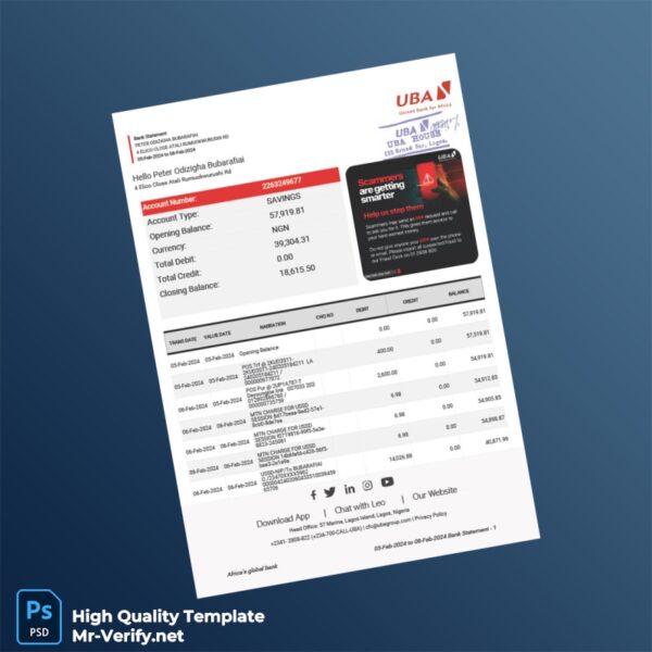 Nigeria UBA Group Bank Statement Template in Word and PDF formats 2 page