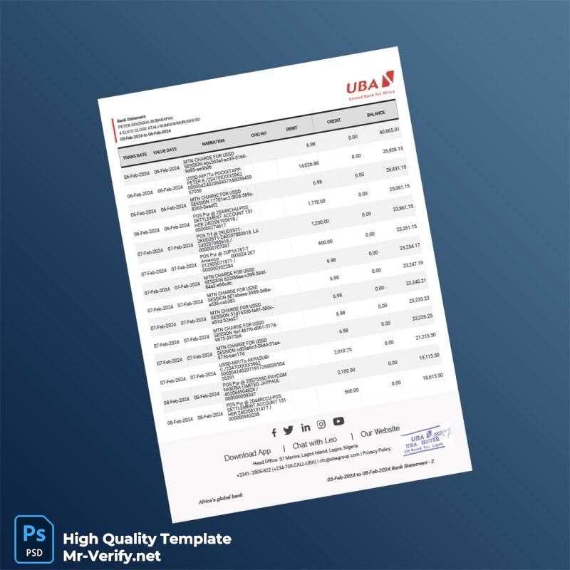 Nigeria UBA Group Bank Statement Template in Word and PDF formats 2 page Nigeria UBA Group Bank Statement Template in Word and PDF formats 2 page