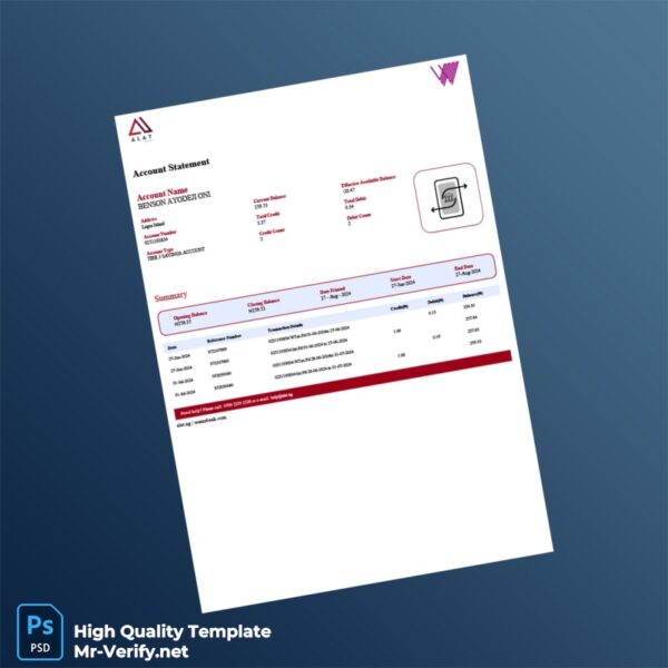 Nigeria Wema Bank Account Statement Template in Word and PDF formats