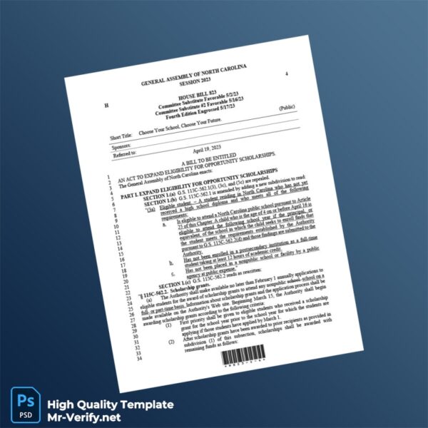 North Carolina General Assembly Editable House Bill Template in Word and PDF formats 4 page
