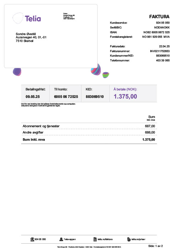Norway Telia Norge AS Editable Phone Bill Template in Word and PDF formats 2 page