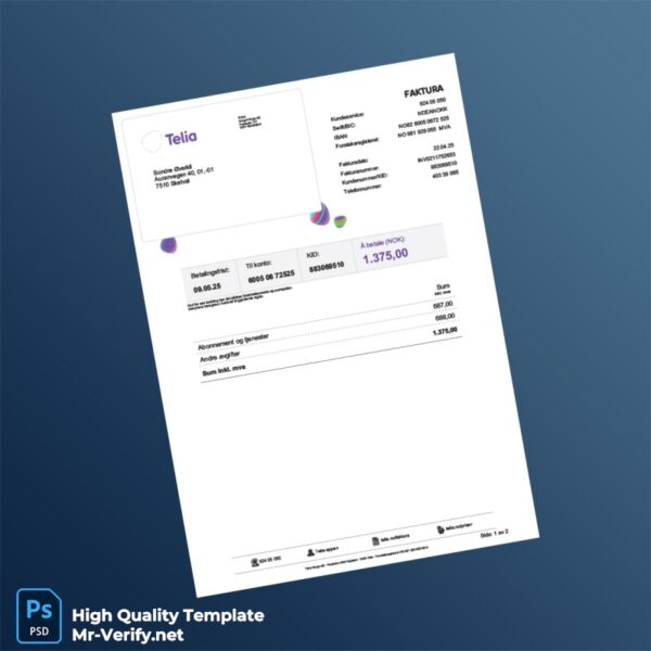 Norway Telia Norge AS Editable Phone Bill Template in Word and PDF formats 2 page