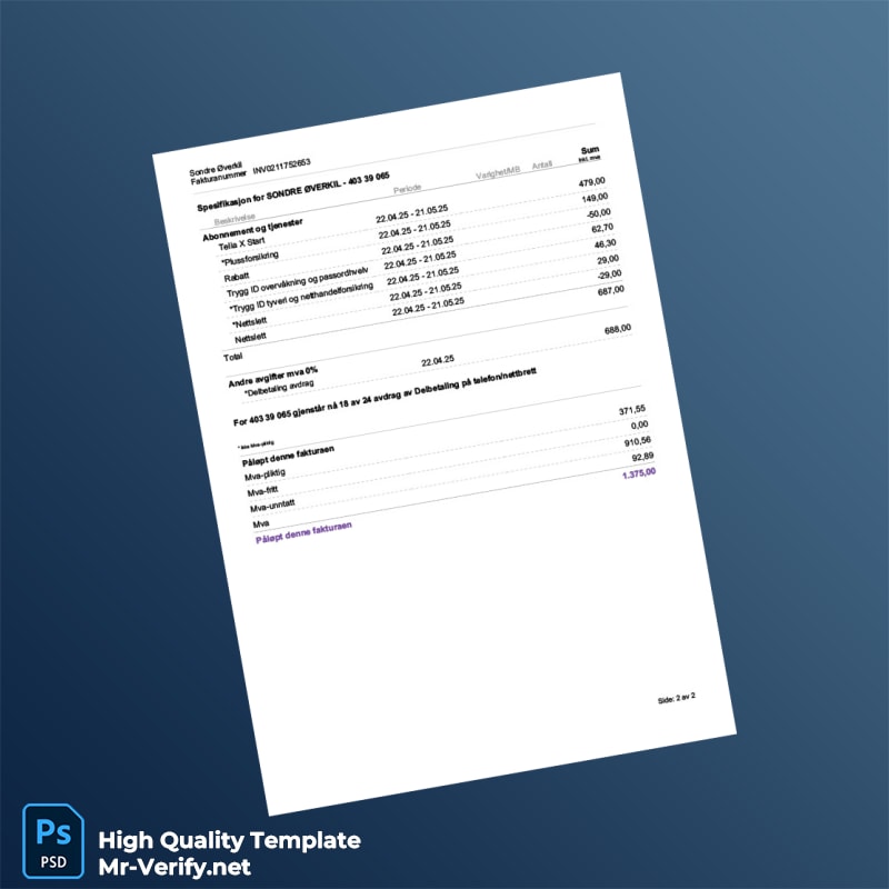 Norway Telia Norge AS Editable Phone Bill Template in Word and PDF formats 2 page Norway Telia Norge AS Editable Phone Bill Template in Word and PDF formats 2 page