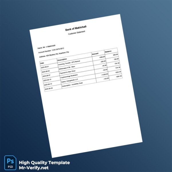 Nowhere City Fake Bank Statement Template in Word and PDF formats
