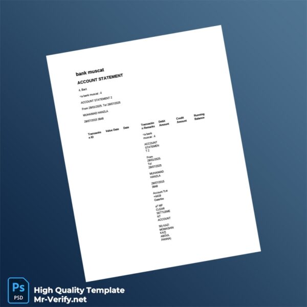 Oman Bank Muscat Account Statement Template in Word and PDF formats 3 page