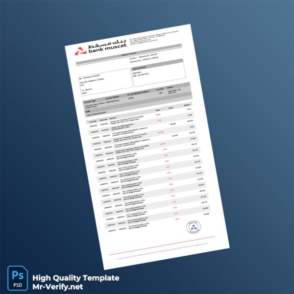 Oman Muscat Bank Statement Template in Word and PDF formats 7 page