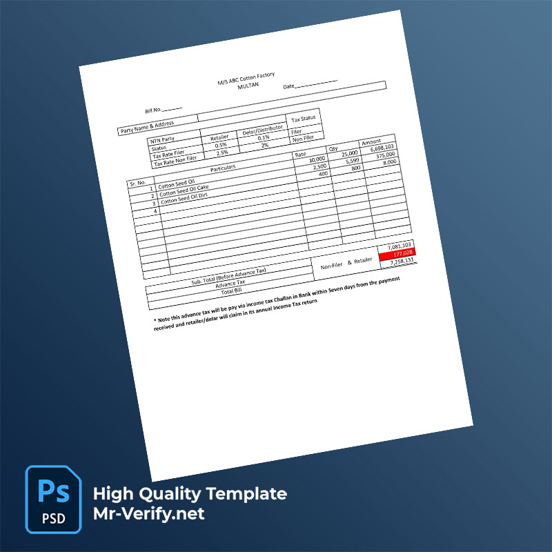 Pakistan Ahmad Cotton Industry Editable Cotton Factory Bill Template in Word and PDF formats Pakistan Ahmad Cotton Industry Editable Cotton Factory Bill Template in Word and PDF formats