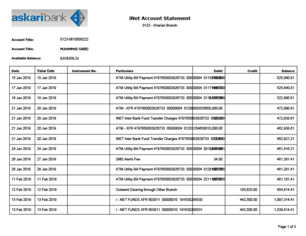 Pakistan Askari Bank Editable Account Statement Template in Word and PDF formats 3 page