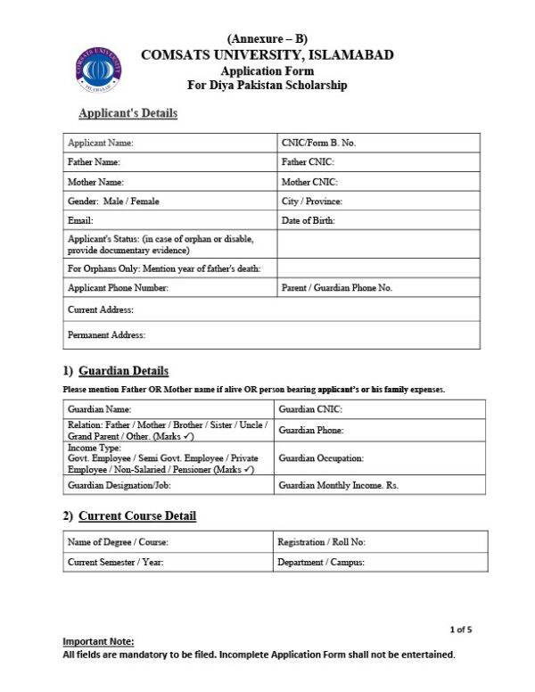 Pakistan COMSATS University Islamabad Editable Application Form Template in Word and PDF formats 5 page