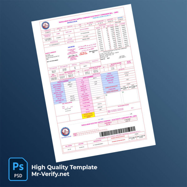 Pakistan Faisalabad Electric Supply Company Editable Electricity Bill Template in Word and PDF formats