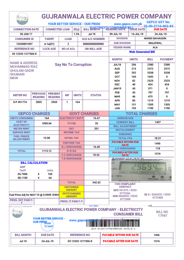 Pakistan Gujranwala Electric Power Company Editable Electricity Bill Template in Word and PDF formats